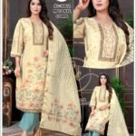 Elegant Beige Floral Printed Suit with Embroidered Neckline