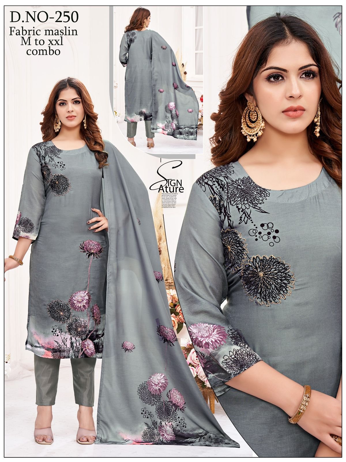 Maslin Grey Floral Printed Suit