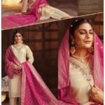 Elegant Beige Suit with Fuchsia Pink Banarasi Dupatta