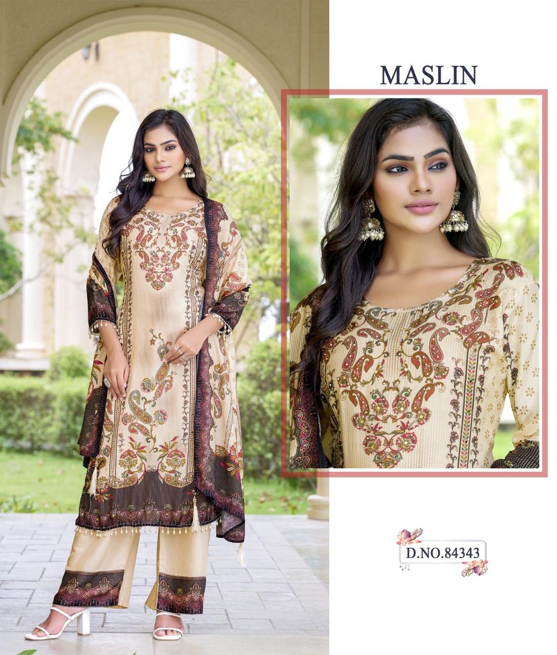 Maslin Beige & Brown Printed Suit with Paisley Motifs