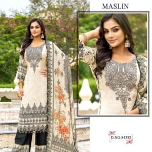 Cream & Black Printed Suit with Floral Dupatta