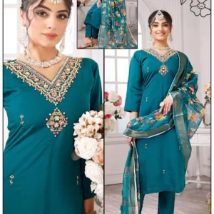 Melanie Designer Teal Embroidered Suit Set