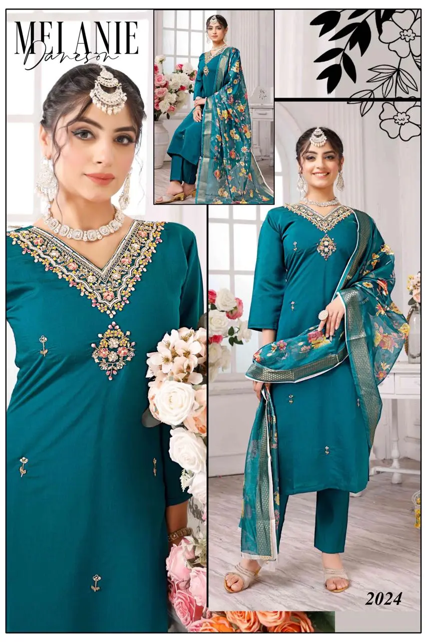 Melanie Designer Teal Embroidered Suit Set